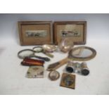 Two magnifying glasses, a mother of pearl small box, mother of pearl opera glasses and a silver