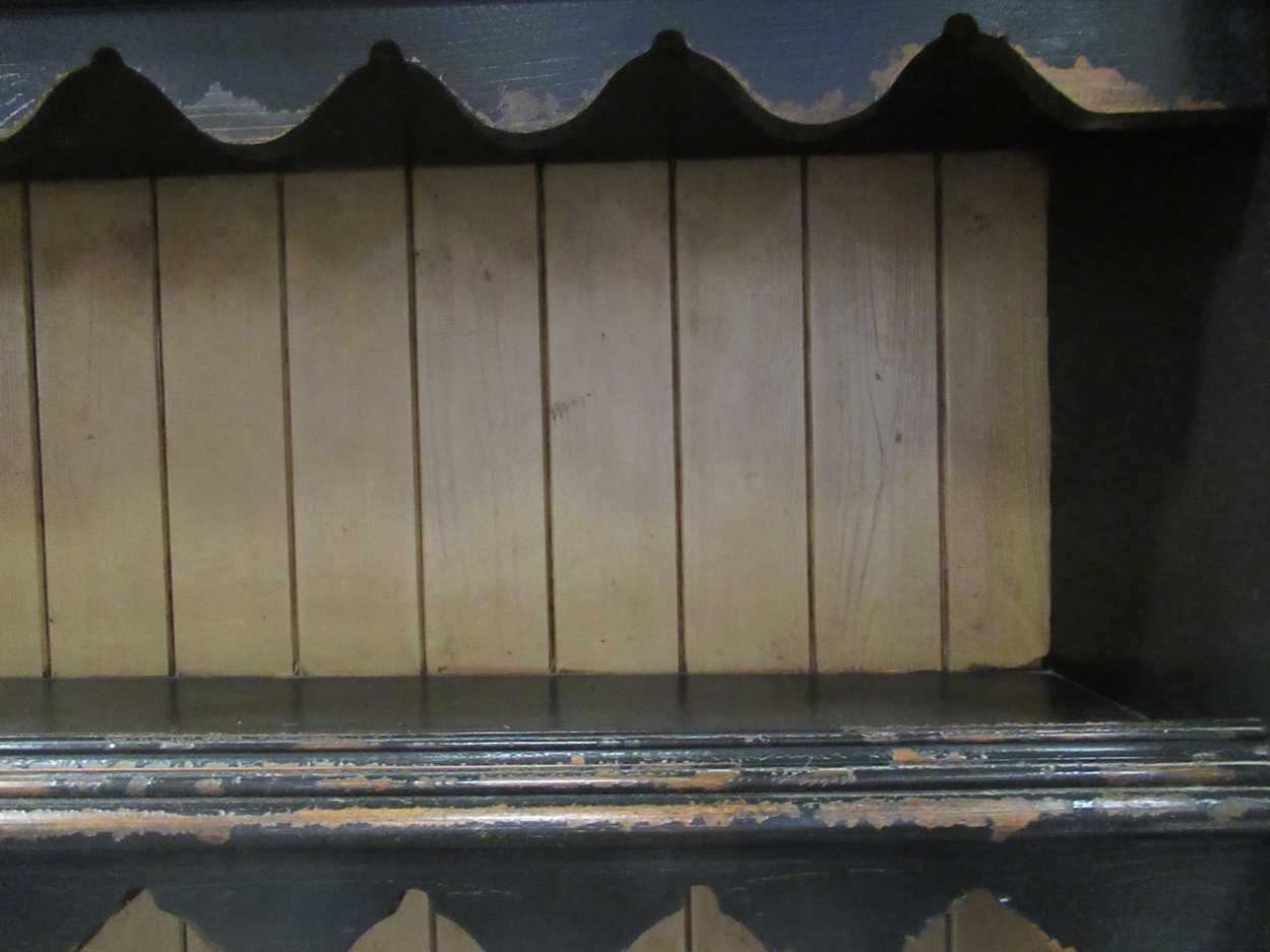 A black painted dresser, with two shelved plate rack above two long drawers on cabriole front legs - Image 3 of 7