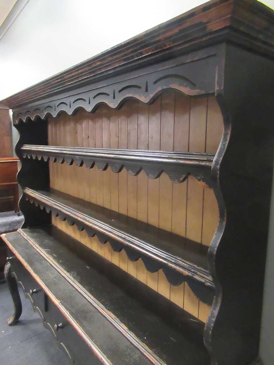 A black painted dresser, with two shelved plate rack above two long drawers on cabriole front legs - Image 7 of 7