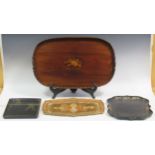 An Edwardian two handled galley tray together with two lacquered Chinoisere trays and a painted tray