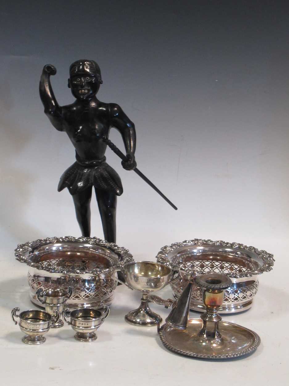 Three miniature silver trophy cups, another larger, a pair of electroplate bottle coasters, a