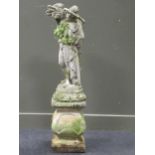 A composite stone garden figure carrying his harvest 90cm high on a shaped base 42 x 30 x 30cm (2)
