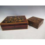 A poker work box and another with various contents, including commemorative coins and pencils, dress