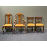 A pair of 18th century style Dutch marquetry chairs, one with arms, together with a pair of sabre