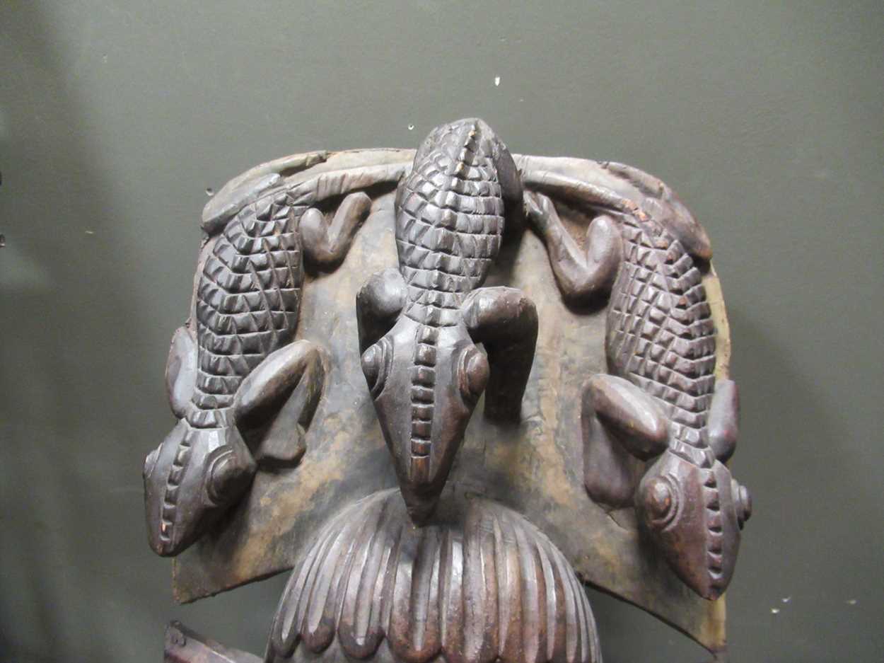 A Makonde tree of life carving on stand 70cm high together with a Bamileke carving of a face - Image 5 of 11
