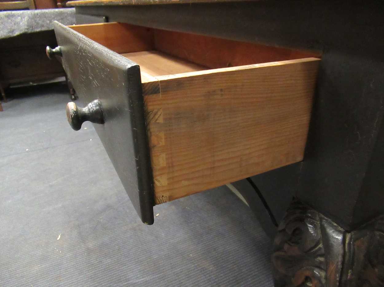 A black painted dresser, with two shelved plate rack above two long drawers on cabriole front legs - Image 6 of 7