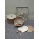 Various copper and cast aluminium pots and pot lids etc