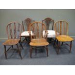 A Victorian yew wood elbow Windsor type chair, another similar without arms, two George III mahogany