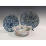 Two blue and white plates and a bowl (3)Condition report: Both plate have chipping to the rims and