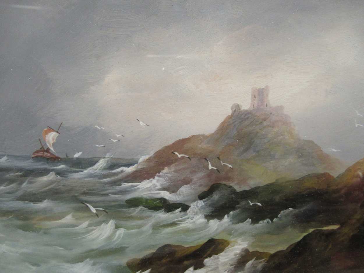 English school (19th century), figures by a river, oil on board, 15.5 x 12cm; another of a coastal - Image 3 of 6