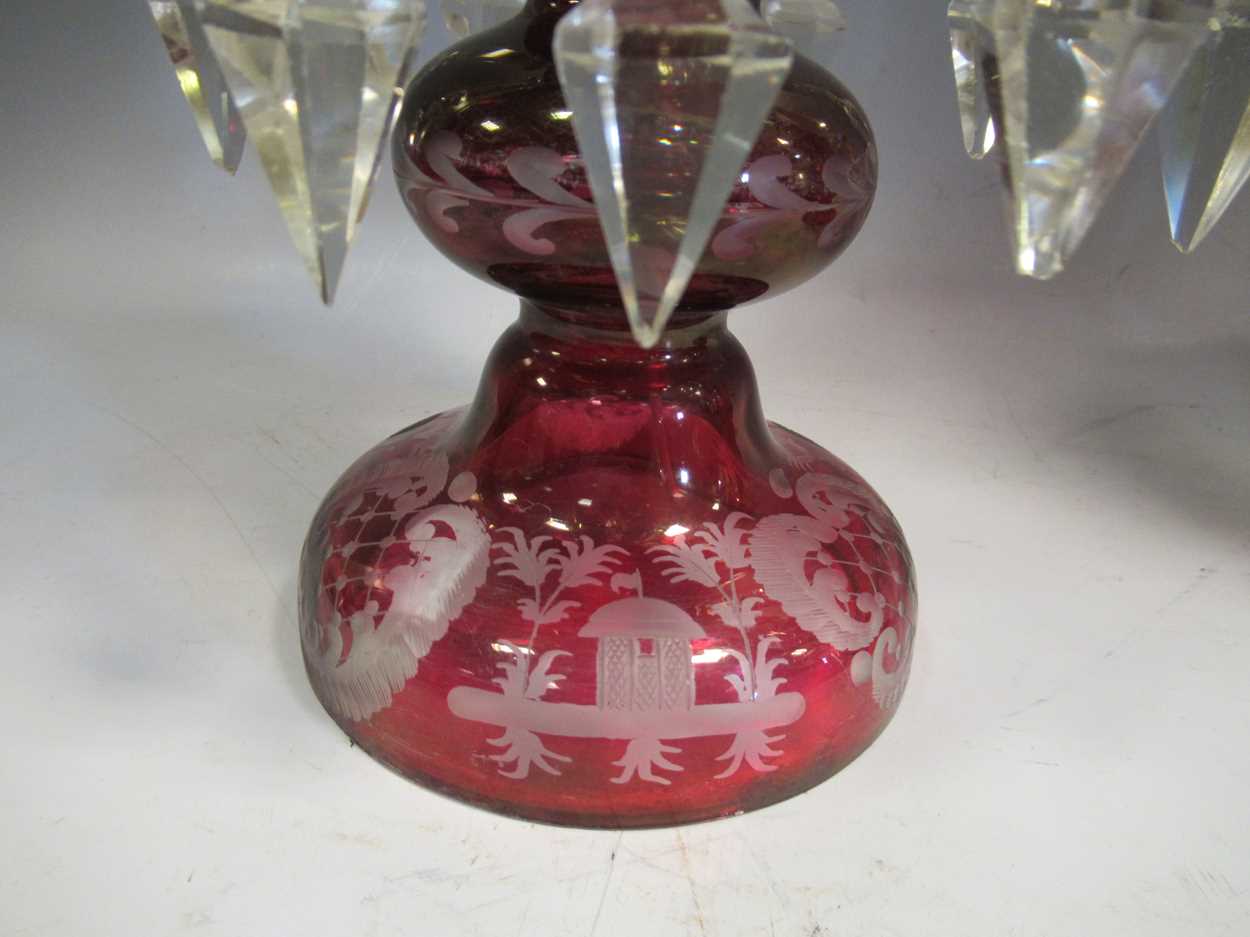 A pair of red glass candle lustres, 45cm high - Image 6 of 8