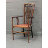 An Edwardian inlaid high-back elbow chair together with an X-frame stool