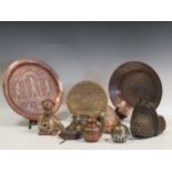 Three North African copper and brass plates, a vase and a cased pair of cymbals; a pottery model