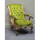 A rosewood show frame armchair upholstered in green velvet