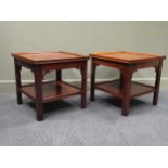 A Pair of "Charels Barr" Georgian style crossbanded flame mahogany lamp tables with undershelf and