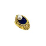A modern enamel and pearl ring, set with a 6.2mm cultured pearl to one side, size O, unhallmarked,