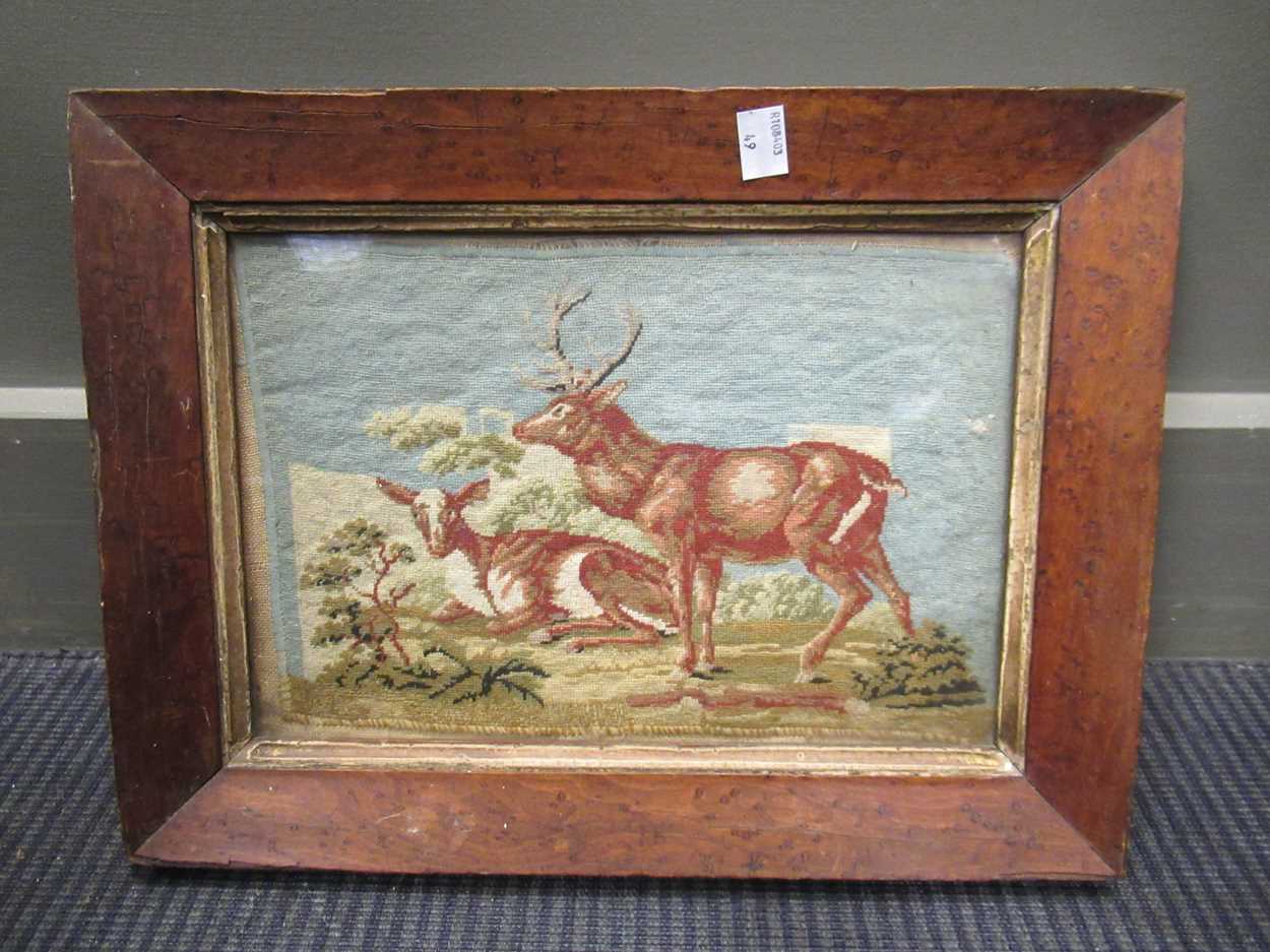 A 19th century needlework picture of deer, 20 x 30 cm, a silk 'Shakespeare' picture, 29 x 24 cm, and - Image 9 of 13