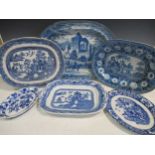 Two large early 19th century blue and white meat plates, 55cm wide; various other 19th century and