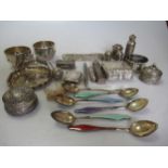 A set of 6 Norwegian silver gilt and enamel teaspoons, a pair of silver salts, a silver buckle and a