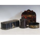 A 19th century string box, a black lacquered bottle coaster, a papier mache and mother of pearl box,