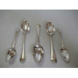 Five 18th century silver spoons including a pair by Hester Bateman, 8.6ozt gross (5)