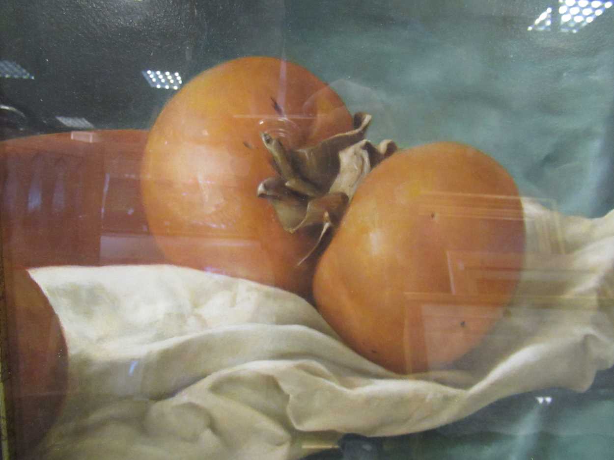 Two still life paintings of fruit, to include: Marco Conte, Persimmons and Pomegranate, oil on - Image 6 of 8