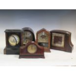 Five various mantel clocks, including burrwood veneer Swiss movement; black marble clock & 3