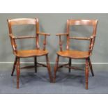 A circa 1860 a pair of elm and fruitwood scroll back windsor armchairs attributed to High Wycombe