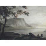 Follower of William Payne, Coastal landscape with fishermen mending their boat, watercolour, 22 x