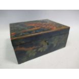 A late 19th century painted box decorated with peacocks 13 x 16.5 x 21cm