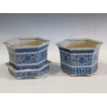 Two Chinese blue and white hexagonal jardinieres (one with a stand) 26cm wideCondition report: