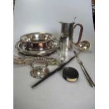 A silver hot water jug, 9.4ozt together with a punch ladle, an 'amber' cheroot holder with a 9ct
