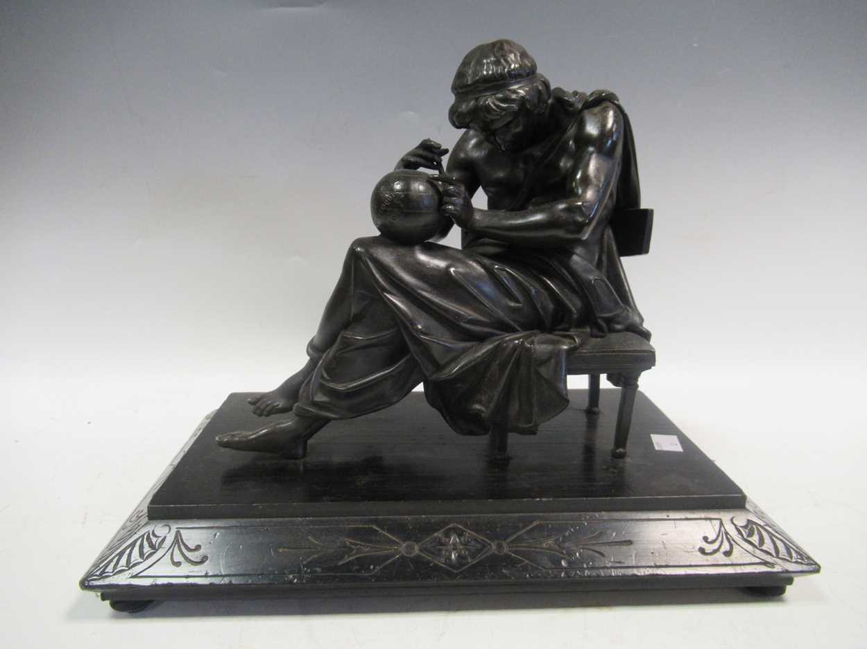 Spelter figure of the Geographer, on wooden base.