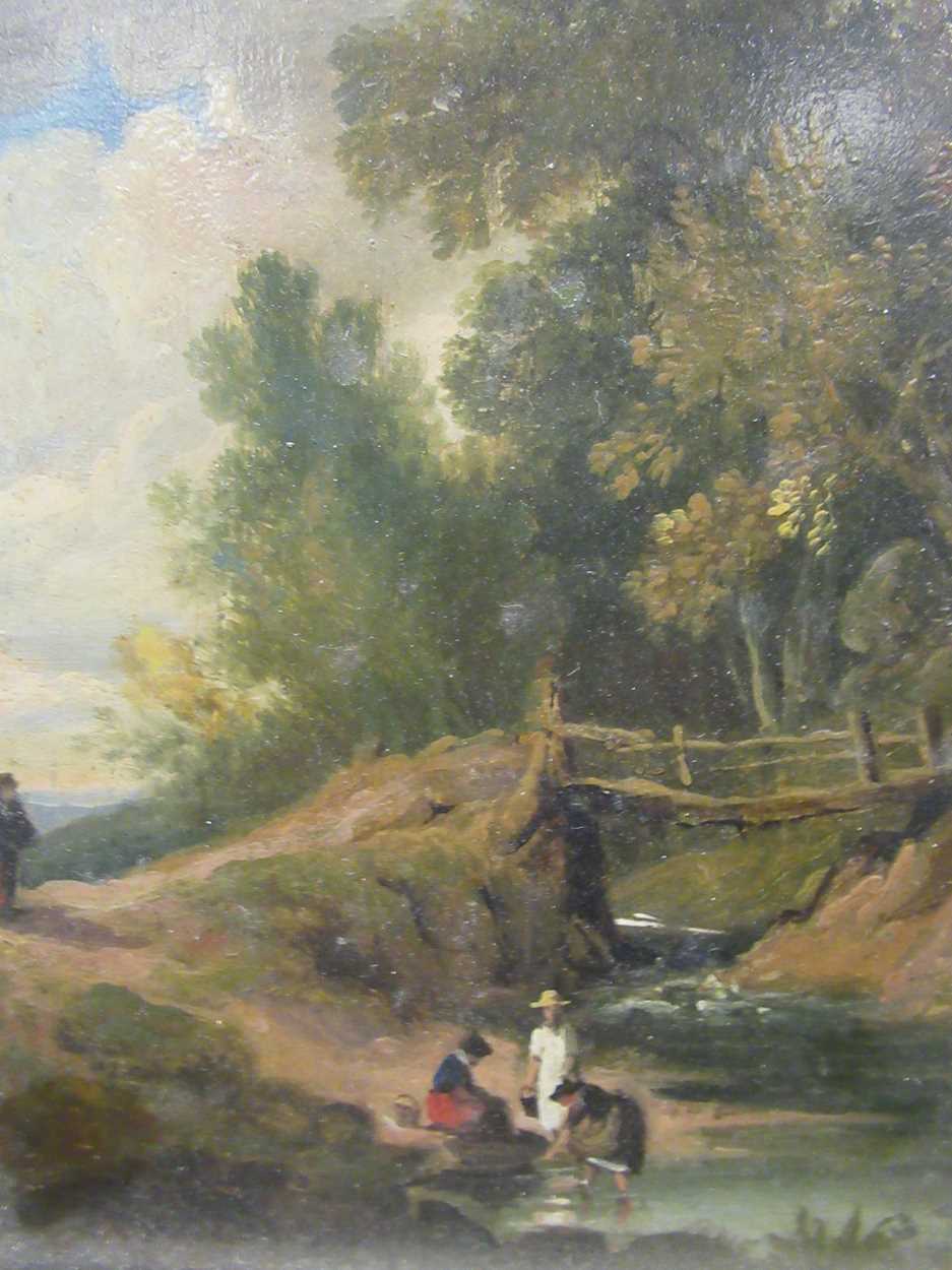 English school (19th century), figures by a river, oil on board, 15.5 x 12cm; another of a coastal
