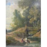 English school (19th century), figures by a river, oil on board, 15.5 x 12cm; another of a coastal