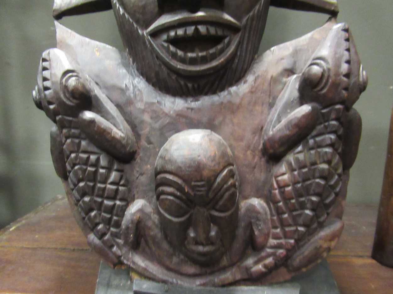 A Makonde tree of life carving on stand 70cm high together with a Bamileke carving of a face - Image 6 of 11