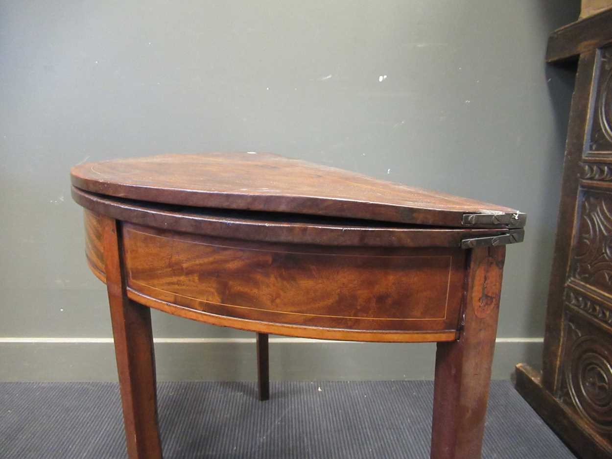 A 19th mahogany demi lune fold over top tea table 73 x 92 x 43cm - Image 8 of 10