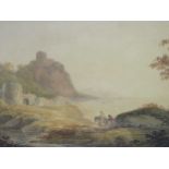 Attributed to William Payne (1760-1830), Coastal landscape with ruins on a clifftop, watercolour, 19