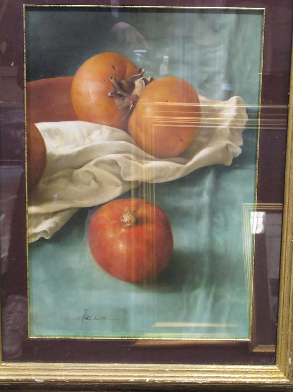 Two still life paintings of fruit, to include: Marco Conte, Persimmons and Pomegranate, oil on - Image 5 of 8