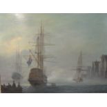 Leonard Jones (20th century) ships in the mist, oil on board, signed lower right, 37 x 43 cm