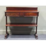 An early Victorian flame mahogany two tier serving table with two frieze drawers over turned feet 99