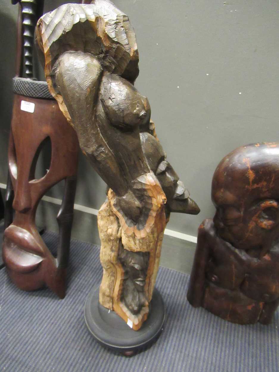 A Makonde tree of life carving on stand 70cm high together with a Bamileke carving of a face - Image 11 of 11
