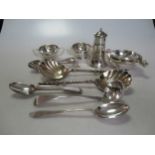 Four silver quaichs, together with a silver pepperette and some silver flatware, 19.5ozt