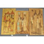 A collection of three painted fabric scenes depicting African figures, each indistinctly