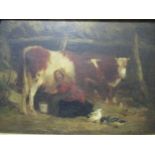 After George MorlandA milkmaid in a stable oil on canvas in a gilt frame 25 x 35cm