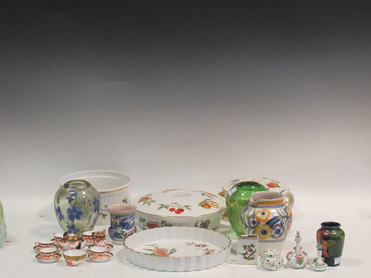 A miniature Meissen vase, a small Moorcroft Orchid pattern vase, a miniature Crown Derby Imari