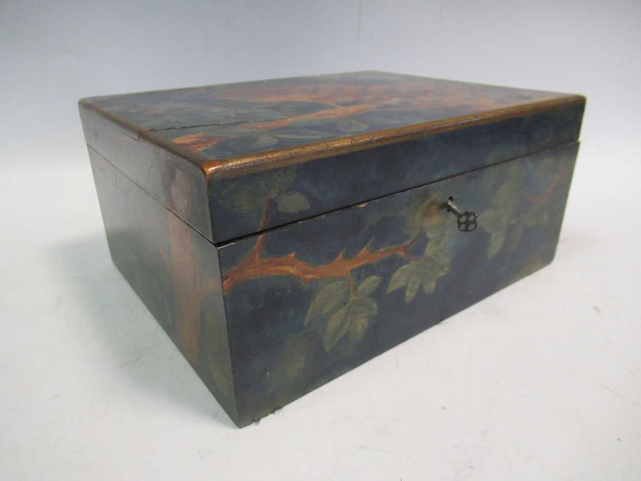 A late 19th century painted box decorated with peacocks 13 x 16.5 x 21cm - Image 9 of 9