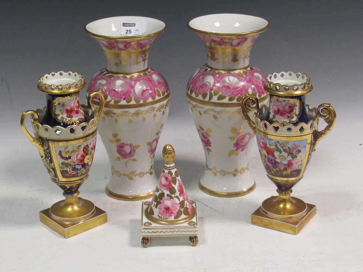 A garniture of Worcester vases with script marks, two pairs of 19th century Staffordshire