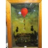 An overpainted reverse glass print of figures in a landscape by a hot air balloon in flightoil on