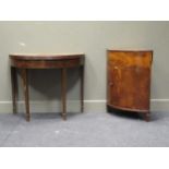 A 19th century inlaid mahogany demi-lune tea table, 76 x 92 x 46 cm, together with a standing corner